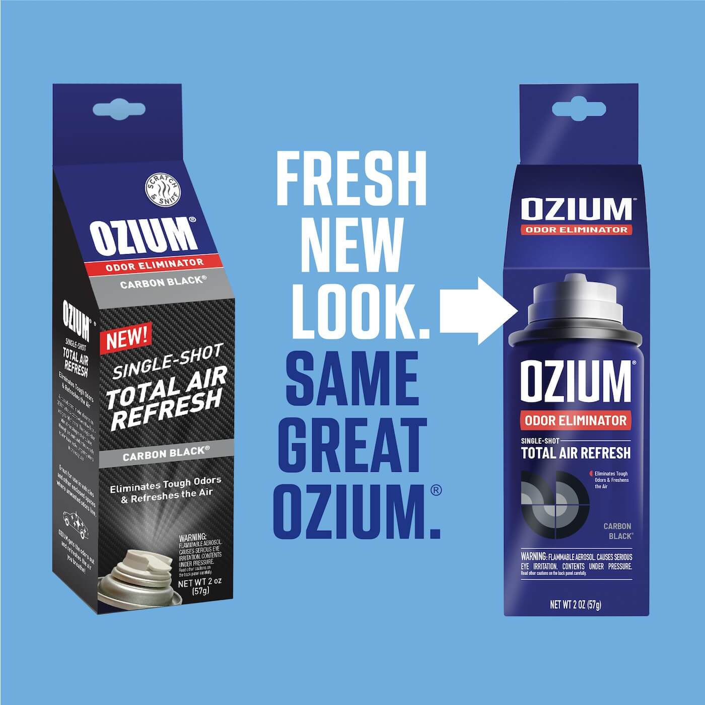 Fresh New Look. Same Great Ozium. A picture of old packaging and a picture of new packaging