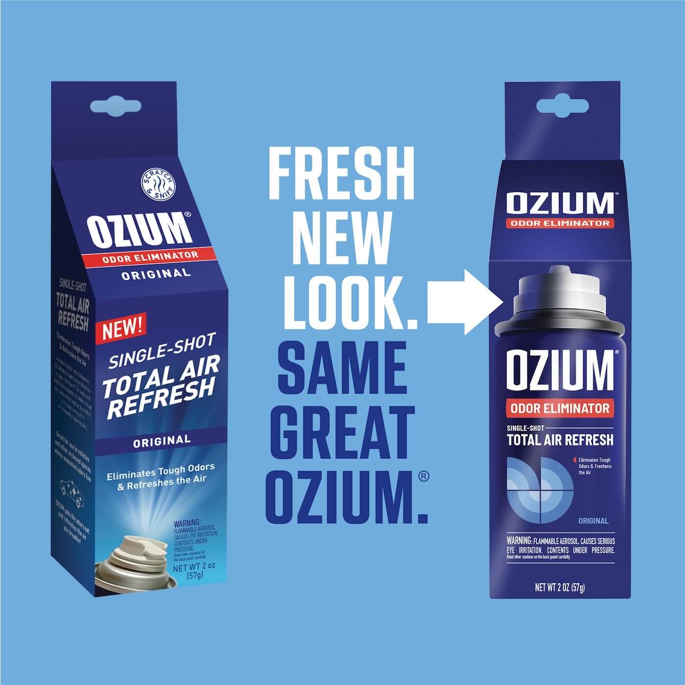 Fresh New Look. Same Great Ozium. A picture of old packaging and a picture of new packaging