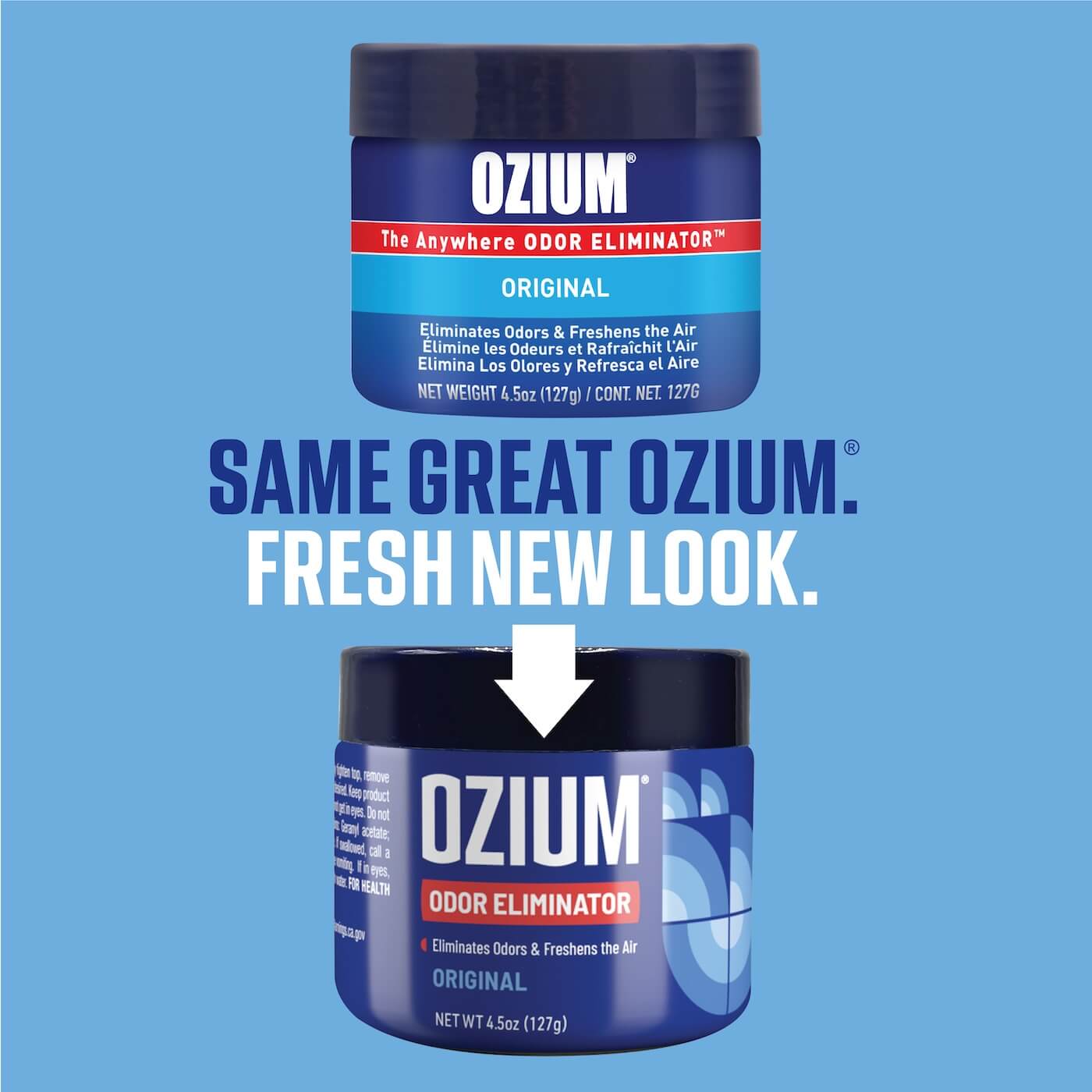 Same Great Ozium. Fresh New Look. a picture of old packaging and a picture of new packaging