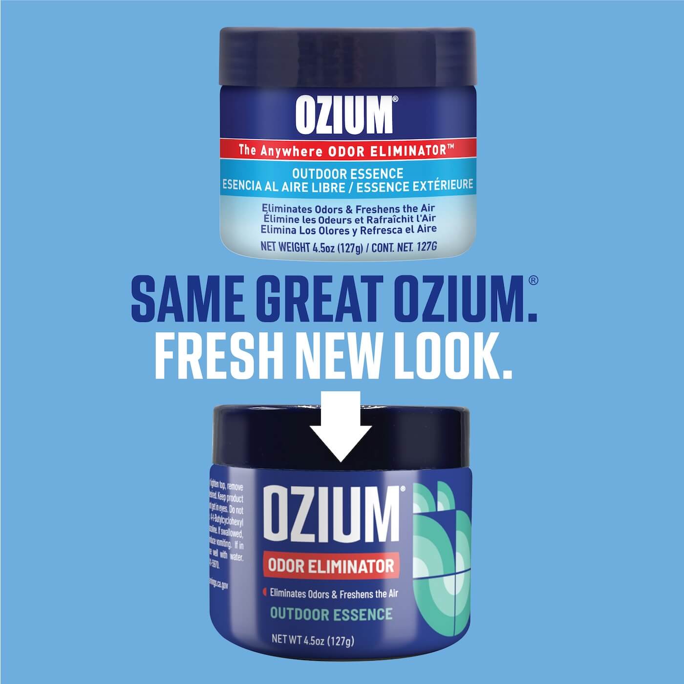Same Great Ozium. Fresh New Look. a picture of old packaging and a picture of new packaging
