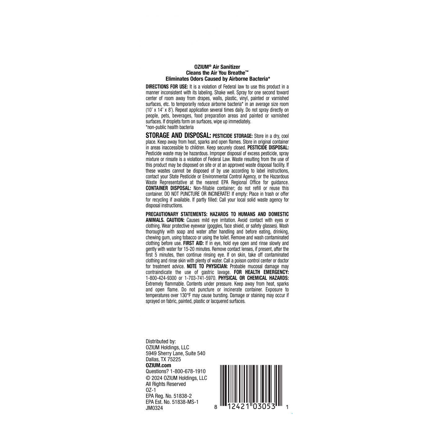 Air Sanitizer Spray back of package