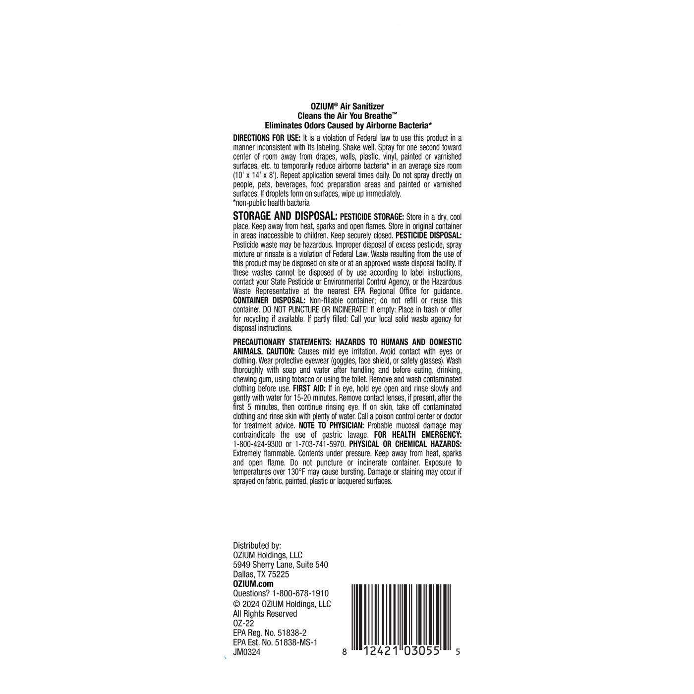 Air Sanitizer Spray back of package