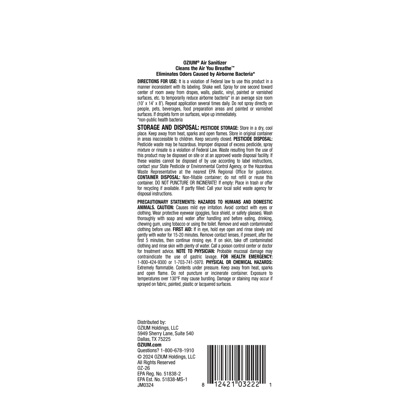 Air Sanitizer Spray back of package