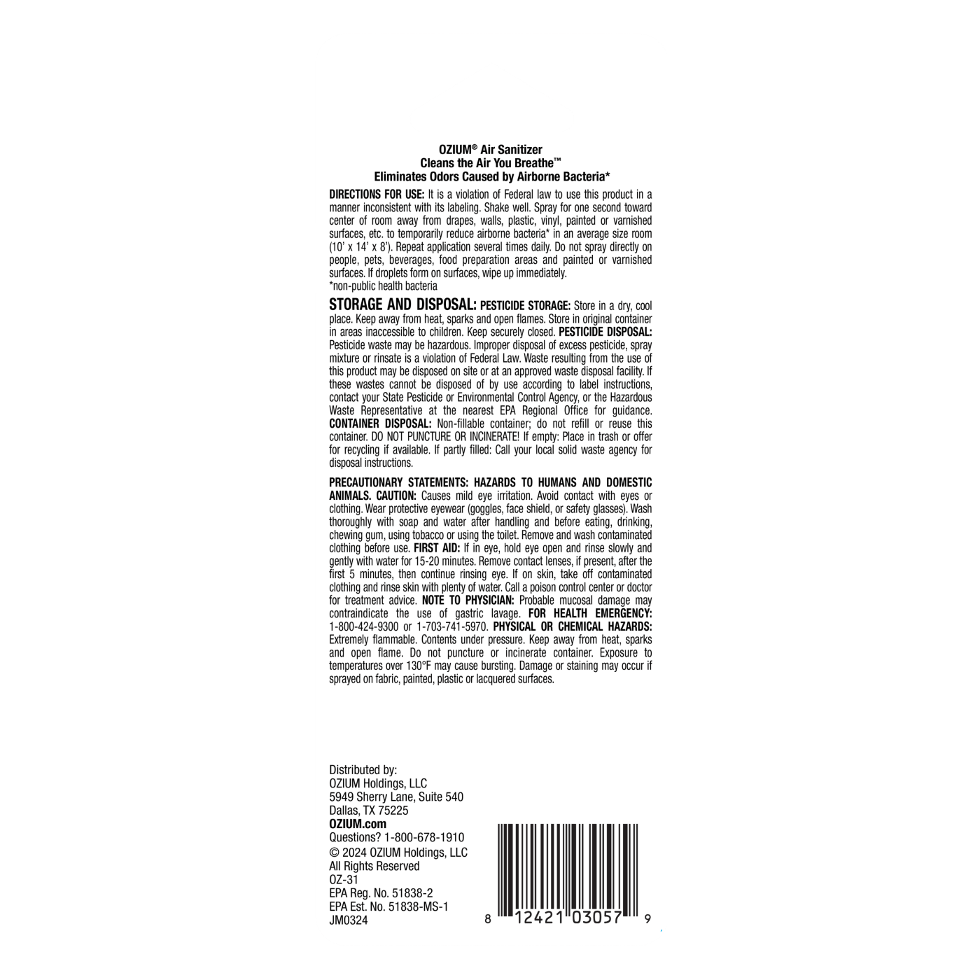 Air Sanitizer Spray back of package