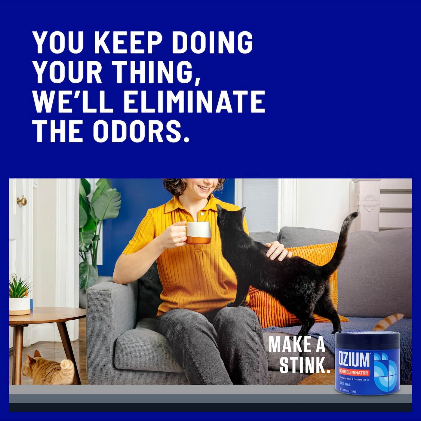 You keep doing your thing, we'll eliminate the odors. Image of Ozium next to a woman and her cats on the sofa.