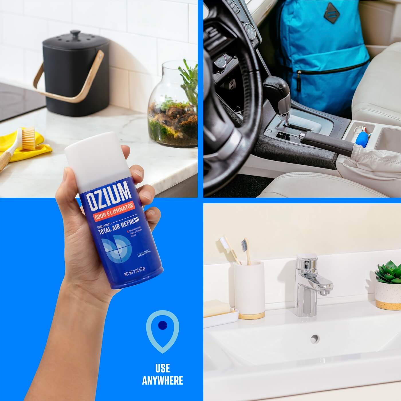 Use Anywhere. Picture of a car, kitchen, bathroom and a hand holding OZIUM