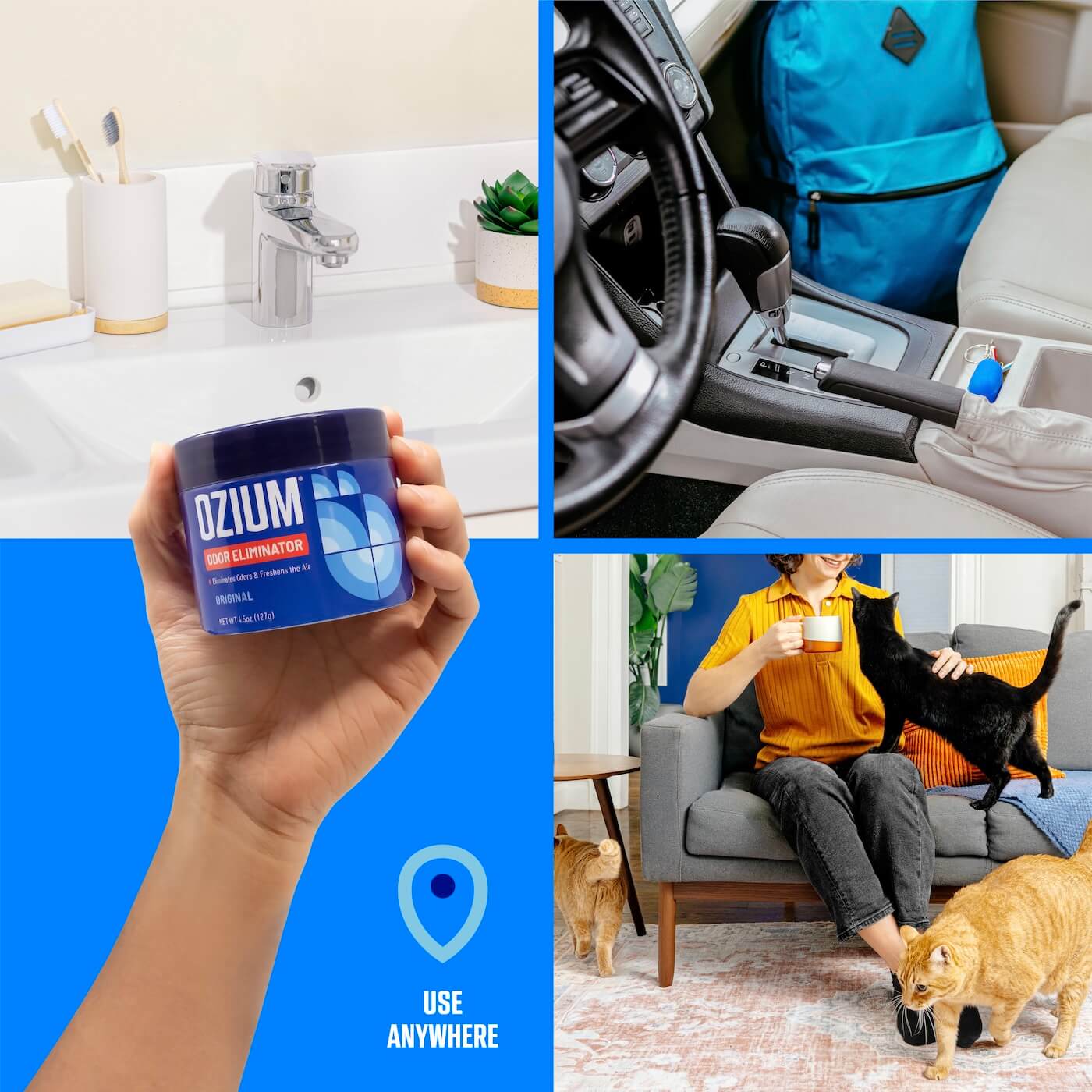 Use Anywhere. Picture of a car, bathroom, living room and a hand holding OZIUM