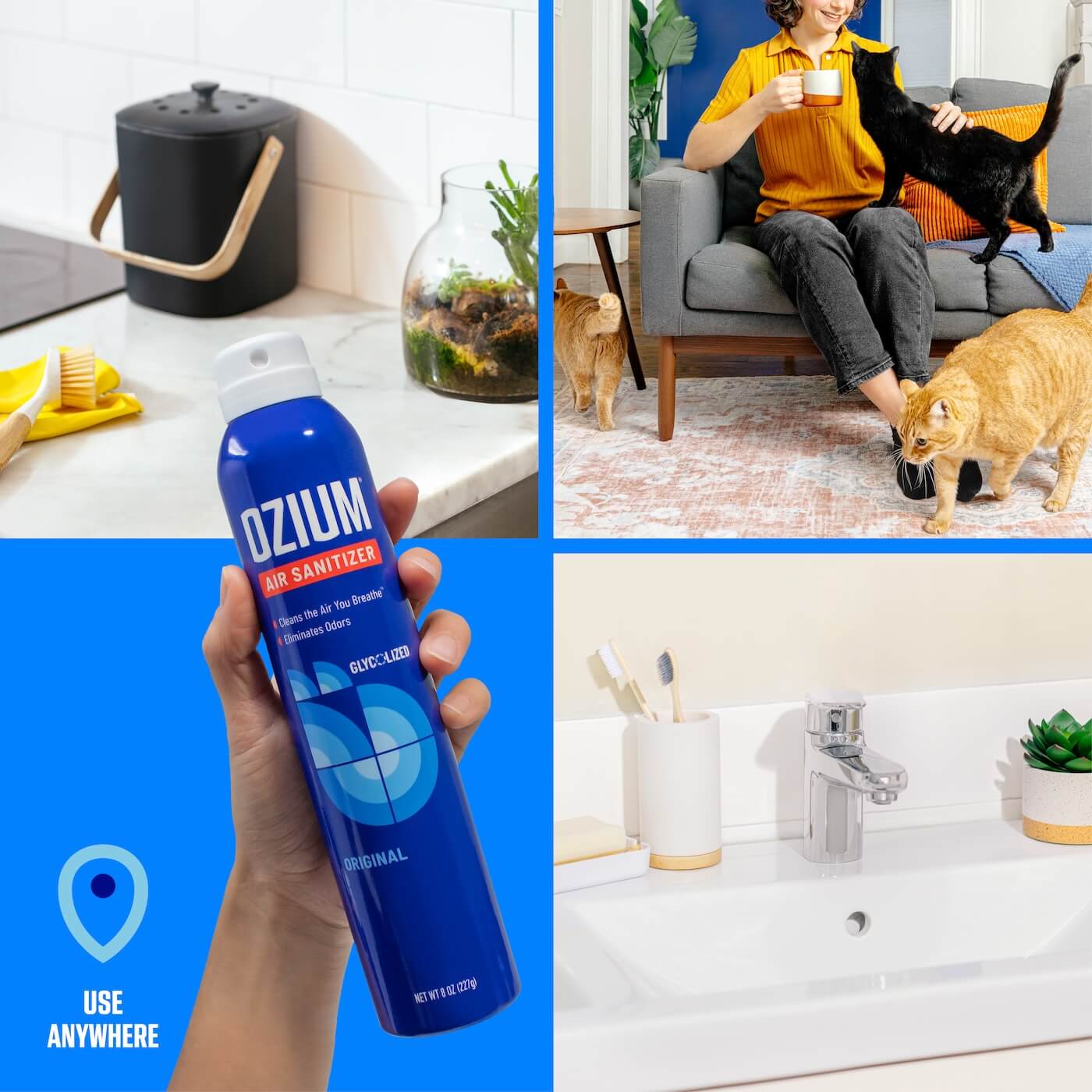 Use Anywhere. Picture of a kitchen, bathroom, living room and a hand holding a can of OZIUM
