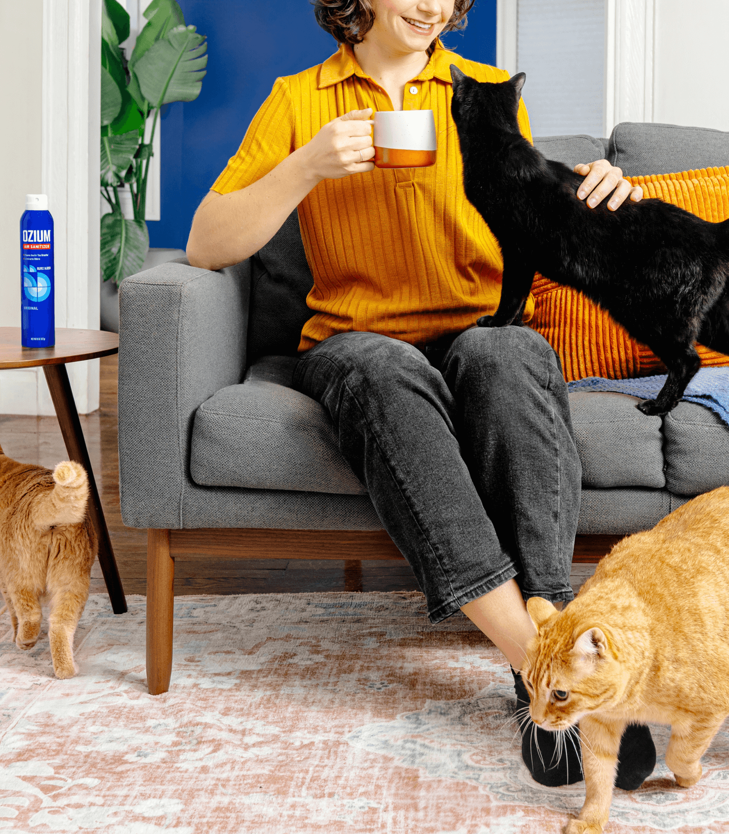 Ozium on a coffee table next to a woman drinking tea with 3 cats